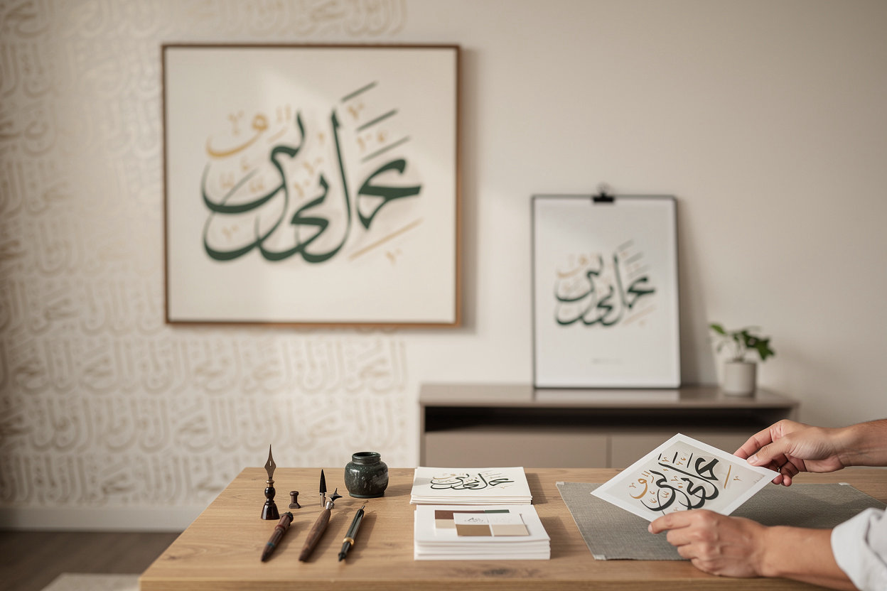 Al Mabrur Design custom Arabic calligraphy artwork displayed in modern interior spaces on canvas and wall décor